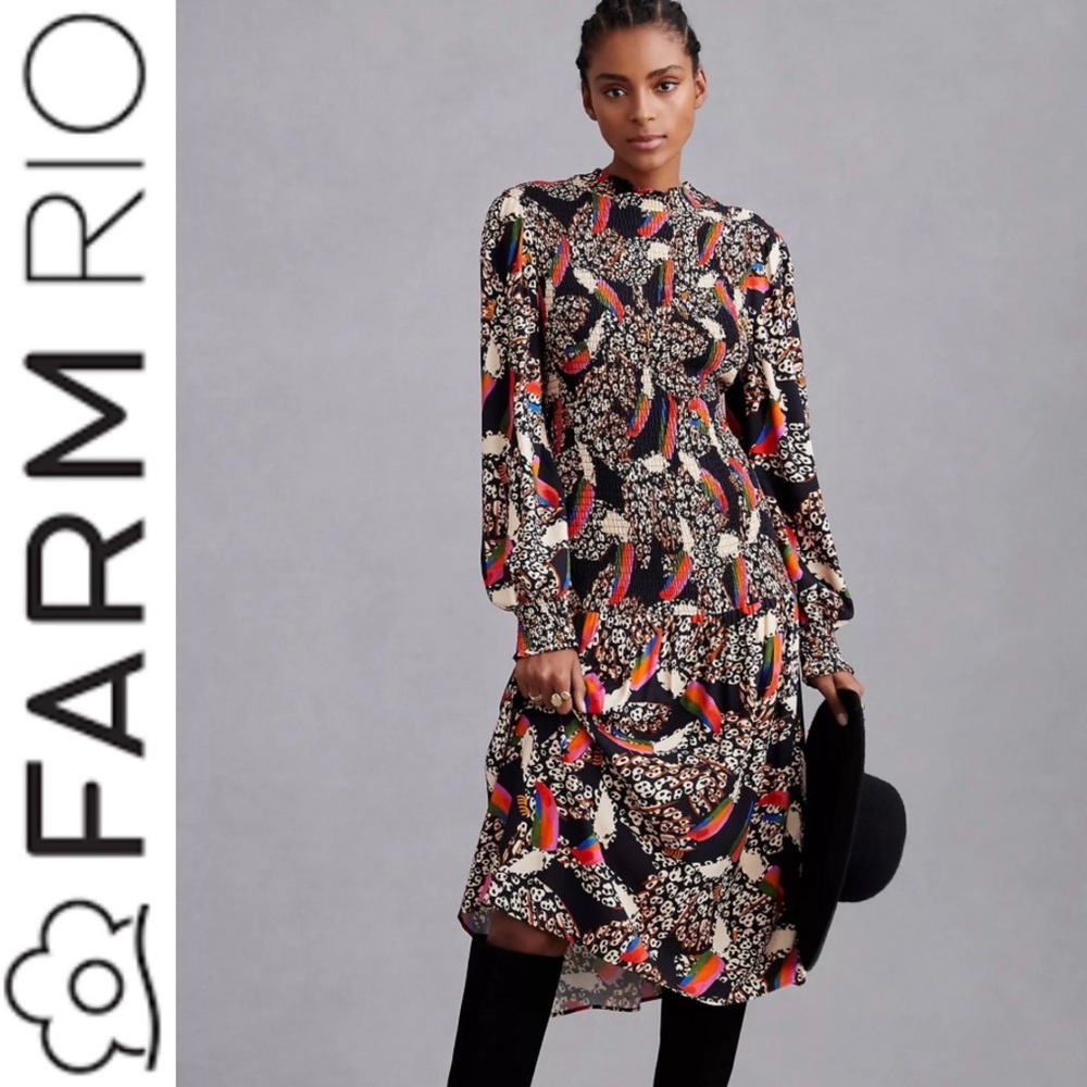 Farm Rio  Leopard Toucans Puff-Sleeve Mock-Neck Midi Dress Size L